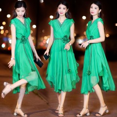 2020夏流行雪紡連衣裙女V領蕾絲顯瘦ins超仙長裙收腰輕熟氣質(zhì)長裙